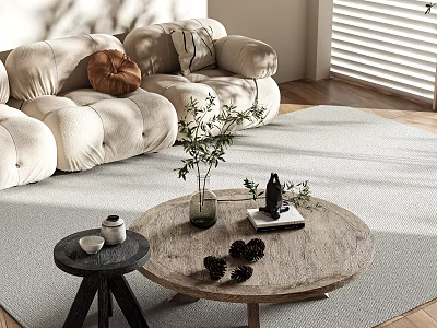 Natural Wooden Coffee Table With Green Plant Pine Cones Decorations Side Table Sofa And Rug 3d model