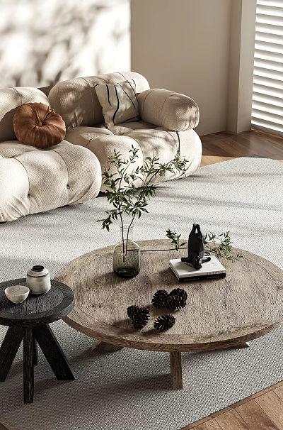 Natural Wooden Coffee Table With Green Plant Pine Cones Decorations Side Table Sofa And Rug 3d model