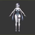 Woman With Blue Long Hair And Flower In Hair Teal Bodysuit Decorative Bands High Heels