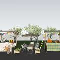 Outdoor Market Stalls With Colorful Bunting Umbrella Tables Chairs Trees And Grass