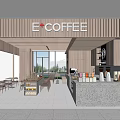 E+COFFEE Café Modern Interior With Wooden Wall Counter Drinks Display Tables Chairs And Large Windows