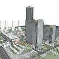 Modern High Rise Office Complex With Urban Green Spaces And Central Plaza