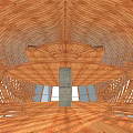 Modern Architectural Design Featuring Orange Curved Structure Wooden Frame And Green Grass