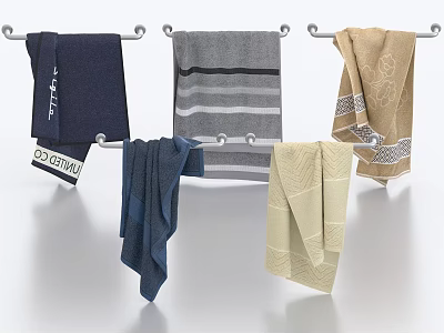 Textured Towels Dark Blue Gray and Beige Hanging on Metal Towel Rack with Striped Patterns 3d model
