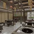 Traditional Chinese Hotpot Restaurant Interior With Wooden Structure Hanging Lanterns Wooden Benches And Hotpot Tables