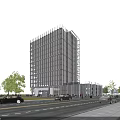 Modern Glass Curtain Wall Office Building Surrounded By Trees Roads And Cars Under Blue Sky