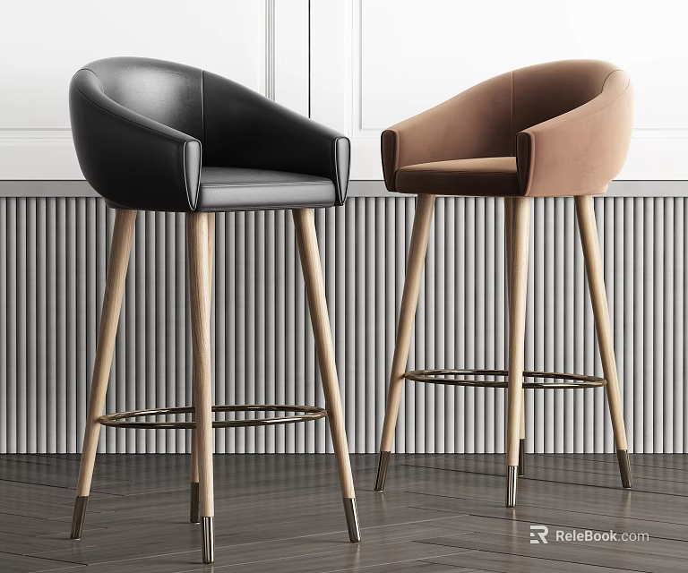 Modern Bar Stools With Black Leather And Brown Velvet Seats Wooden Legs Design 3d model 