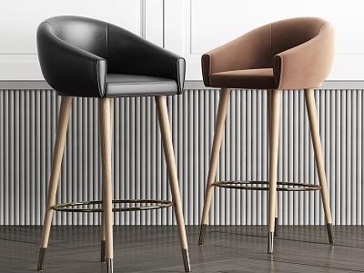 Modern Bar Stools With Black Leather And Brown Velvet Seats Wooden Legs Design 3d model
