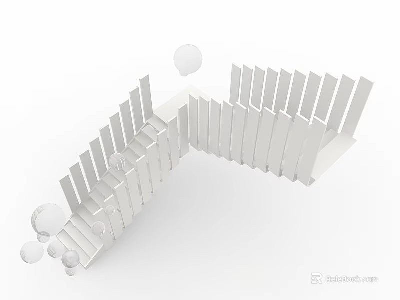 White Abstract Spiral Structure With Vertical Slats And Floating Spheres 3d model 