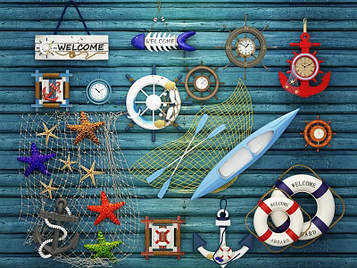 Nautical Themed Wall Decor Featuring Welcome Sign Ship Wheels Anchors Starfish And Fishing Nets 3d model