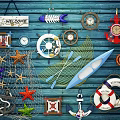 Nautical Themed Wall Decor Featuring Welcome Sign Ship Wheels Anchors Starfish And Fishing Nets