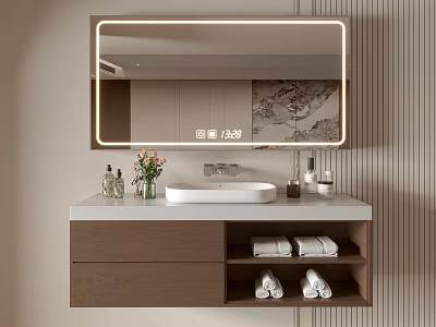 Bathroom Vanity Cabinet with Mirror Sink Towels Flowers and Skincare Products 3d model