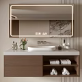 Bathroom Vanity Cabinet with Mirror Sink Towels Flowers and Skincare Products