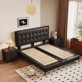 Double Bed with Black Leather Tufted Headboard White Sheets Beige Pillow and Gray Blanket