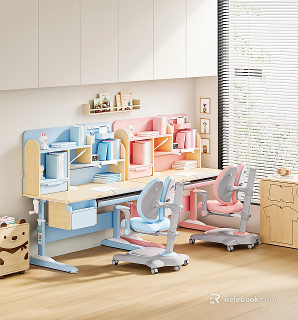 Kids Adjustable Study Desk with Blue and Pink Shelf Storage and Ergonomic Chairs 3d model 