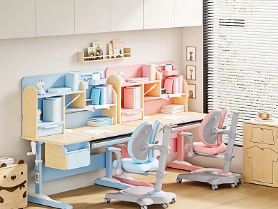 Kids Adjustable Study Desk with Blue and Pink Shelf Storage and Ergonomic Chairs 3d model