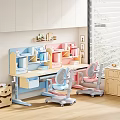 Kids Adjustable Study Desk with Blue and Pink Shelf Storage and Ergonomic Chairs