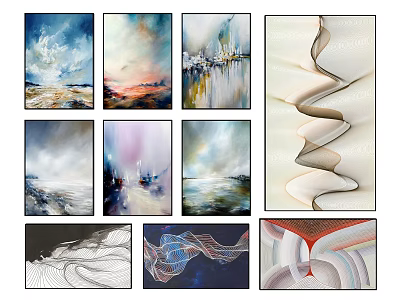 Modern Wall Art Collection with Abstract Landscape and Curved Line Designs for Home Decor 3d model