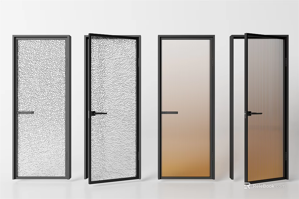Modern Hinged Doors Featuring Various Textured And Gradient Glass With Black Frames 3d model