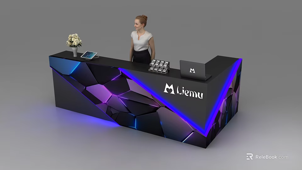 Modern Reception Desk With Geometric Patterns Purple Blue Lighting Flower Vase And Liemu Logo 3d model 