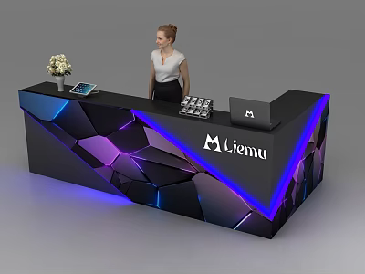 Modern Reception Desk With Geometric Patterns Purple Blue Lighting Flower Vase And Liemu Logo 3d model