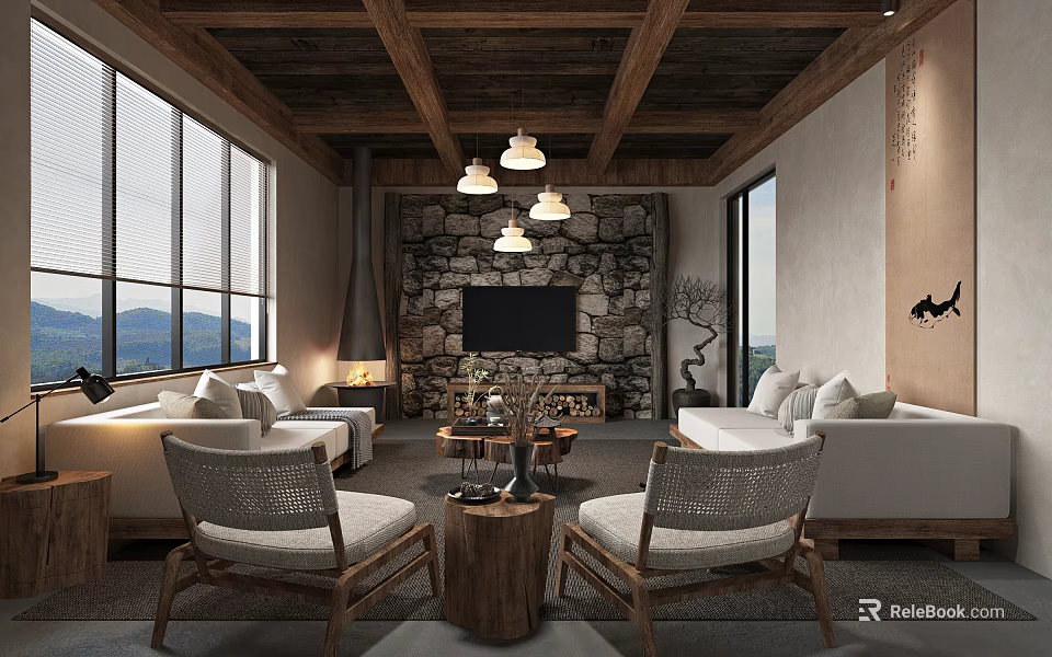 Hotel Public Lounge Area With Wooden Ceiling Large Windows Mountain Views Stone Wall And Fireplace 3d model 