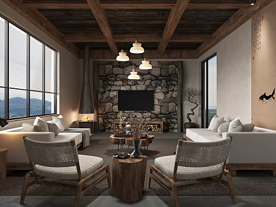 Hotel Public Lounge Area With Wooden Ceiling Large Windows Mountain Views Stone Wall And Fireplace 3d model