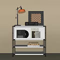 Modern Side Table with Metal Frame White Shelves Orange Lamp Radio Checkerboard Frame and Books