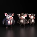 Three Cartoon Pig Figurines Dressed In Suits With Different Hats On Black Background