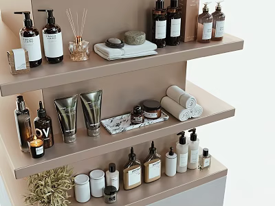 Stylish Daily Cleaning Essentials Neatly Arranged on Shelves with Bottles Towels and Skincare Items 3d model
