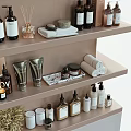 Stylish Daily Cleaning Essentials Neatly Arranged on Shelves with Bottles Towels and Skincare Items