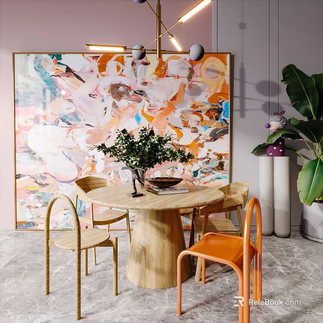 Modern Round Wooden Dining Table Set With Orange Chairs Green Plants And Abstract Painting 3d model 