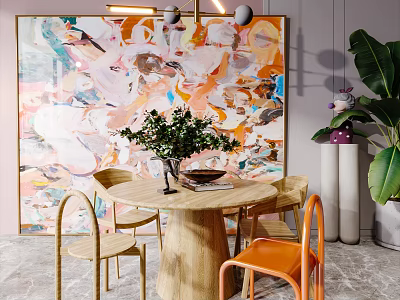 Modern Round Wooden Dining Table Set With Orange Chairs Green Plants And Abstract Painting 3d model
