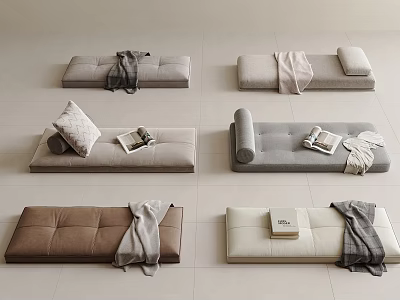 Tatami Mats In Various Colors With Blankets Pillows And Books For Home Decor 3d model