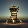 Traditional Tiered Tower With Illuminated Lanterns Multiple Levels And Decorative Top Stairs