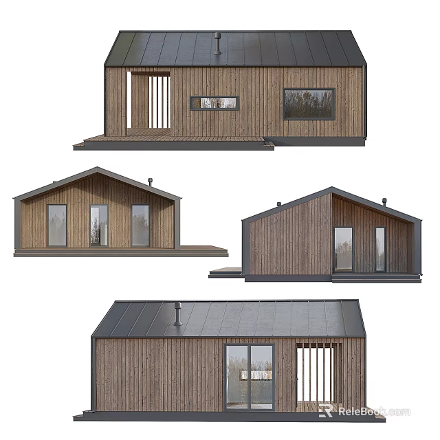 Modern Detached House Featuring Wooden Exterior Dark Roof And Large Windows 3d model 