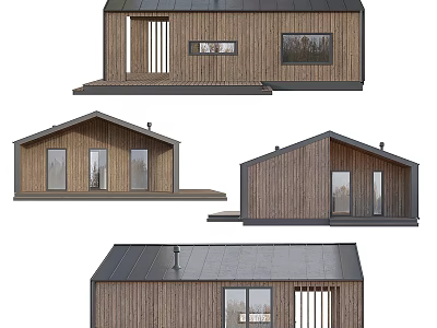 Modern Detached House Featuring Wooden Exterior Dark Roof And Large Windows 3d model