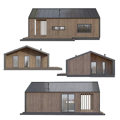 Modern Detached House Featuring Wooden Exterior Dark Roof And Large Windows 3d model