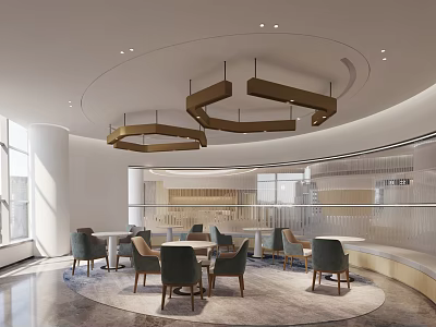 Modern Lounge Area with Circular Layout Round Tables Green Chairs Bright Lighting and Large Windows 3d model