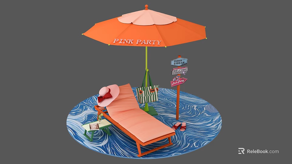 Photo Spot With Orange Umbrella Pink Lounge Chair Beach Sign And Wave Background 3d model 