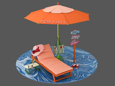 Photo Spot With Orange Umbrella Pink Lounge Chair Beach Sign And Wave Background 3d model