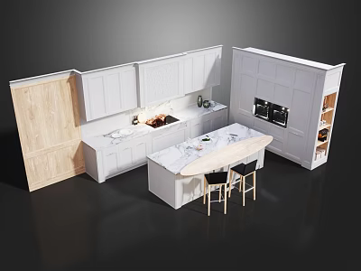Modern White Kitchen Cabinets with Island Counter Marble Top Bar Stools and Built in Oven 3d model