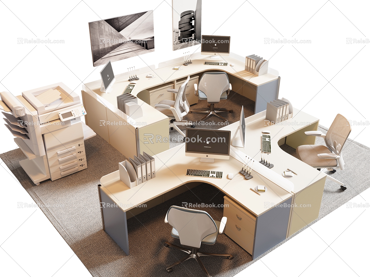 Office desk and chair combination staff station computer desk computer chair printer 3d model