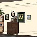 Wooden Console Cabinet And Side Cabinet With Wall Art Potted Plant And Table Lamp