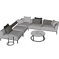 Modern Gray Sectional Sofa With Multiple Pillows And Round Side Tables Living Room Setup 3d model