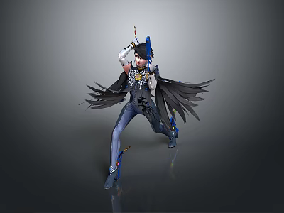 3D Anime Character With Black Wings Blue Outfit And Weapon In Dynamic Pose 3d model