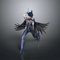 3D Anime Character With Black Wings Blue Outfit And Weapon In Dynamic Pose