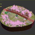 Round Landscape Model With Small Pond Red Wooden Bridge Green Grass Yellow Flowers And Stones
