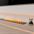 Modern Linear Fireplace With Burning Flames And Decorative Figurines In Living Room