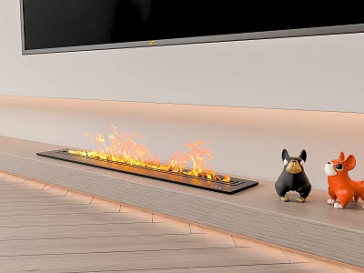 Modern Linear Fireplace With Burning Flames And Decorative Figurines In Living Room 3d model